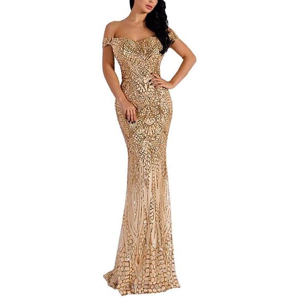 Women's Off Shoulder Sequined Evening Party Maxi Dress for Prom Bridesmaids - Picture 1 of 12